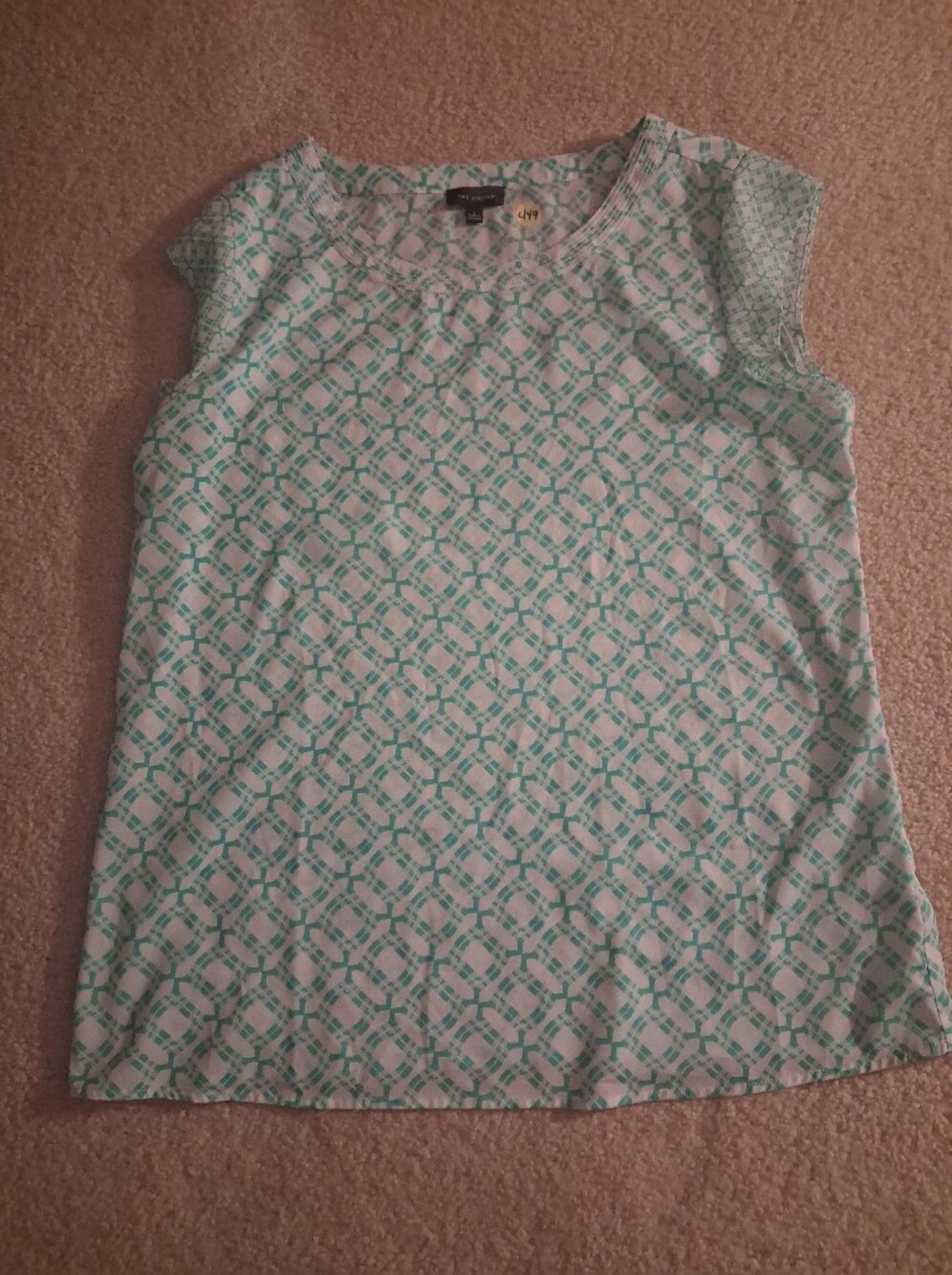 The Limited Mint Green and White Geometric Cap-Sleeve Top
